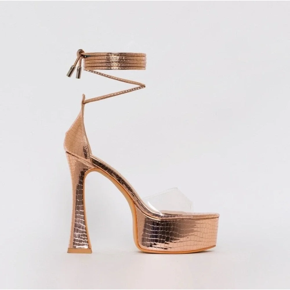 Clearance! Simmi Emma Croc Print Platform‎ Gladiator in Rose Gold Glam Bodycon 7